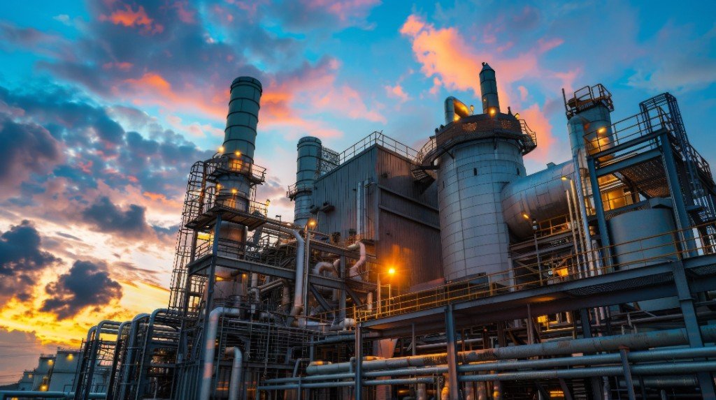 Planta industrial al atardecer